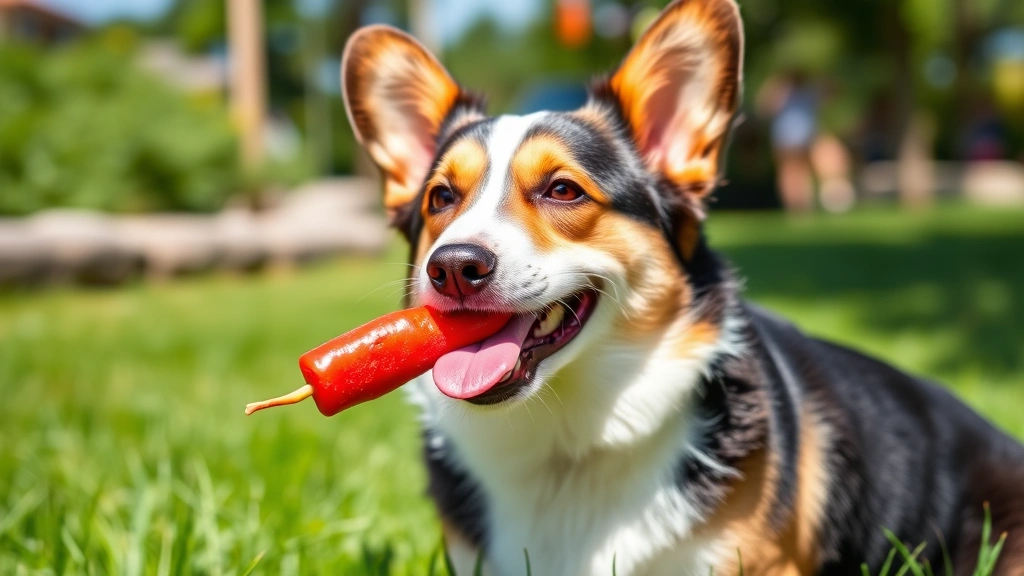 Small Corgi with tongue out enjoying frozen red pepper treat on a sunny summer day, sitting on green grass outdoors