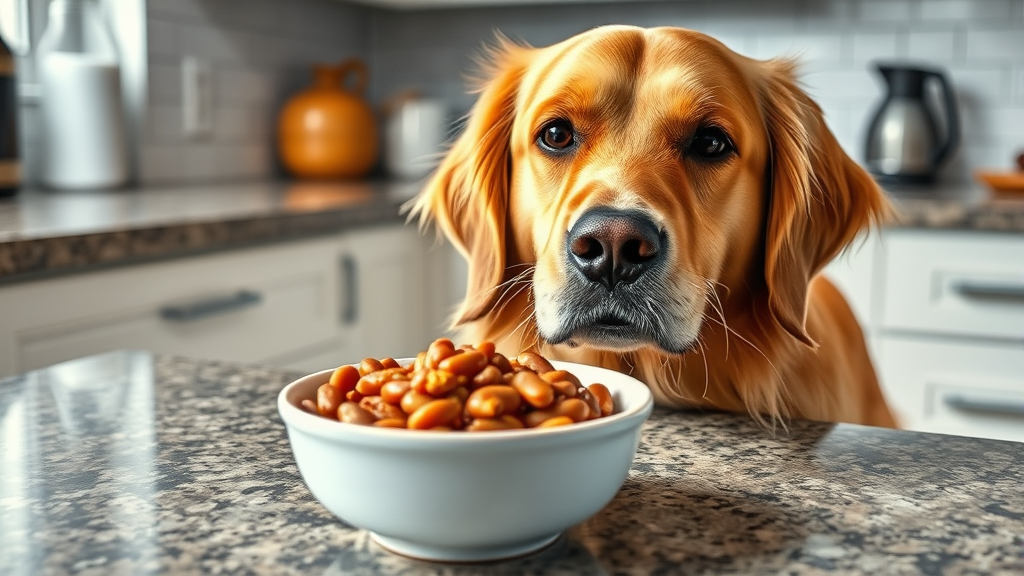 Golden retriever looking curiously at bowl of refried beans on kitchen counter, no text, no words, no letters