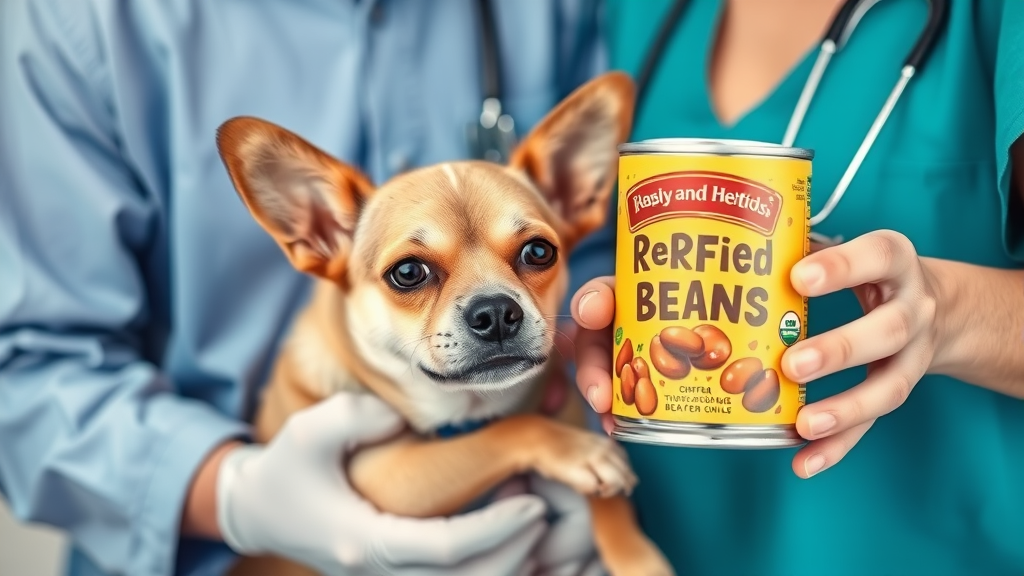 Veterinarian examining small dog while owner holds can of refried beans showing concern, no text, no words, no letters