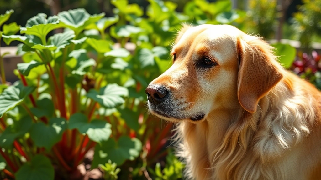Golden retriever in a sunny garden with rhubarb plants growing in the background, dog looking curious at the plants, natural outdoor lighting, bright green foliage