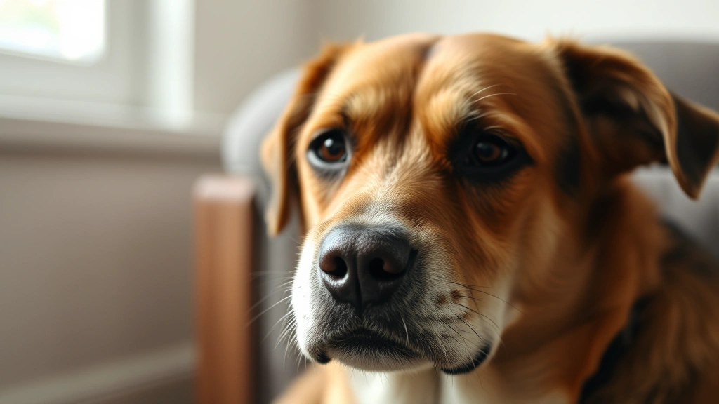 Close-up of a dog's face showing discomfort or distress, sitting indoors, concerned expression, soft natural light from window, no visible injuries