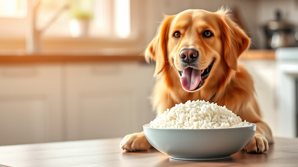 Happy golden retriever sitting next to bowl of plain white rice, kitchen setting, natural lighting, no text no words no letters