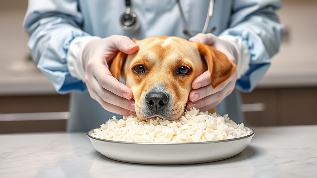 Veterinarian hands preparing plain rice for dog, clean kitchen counter, professional setting, no text no words no letters