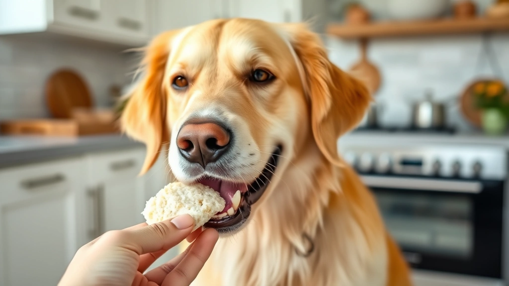 Golden retriever happily eating a plain rice cake from owner's hand in bright kitchen, natural lighting, dog's expression shows contentment