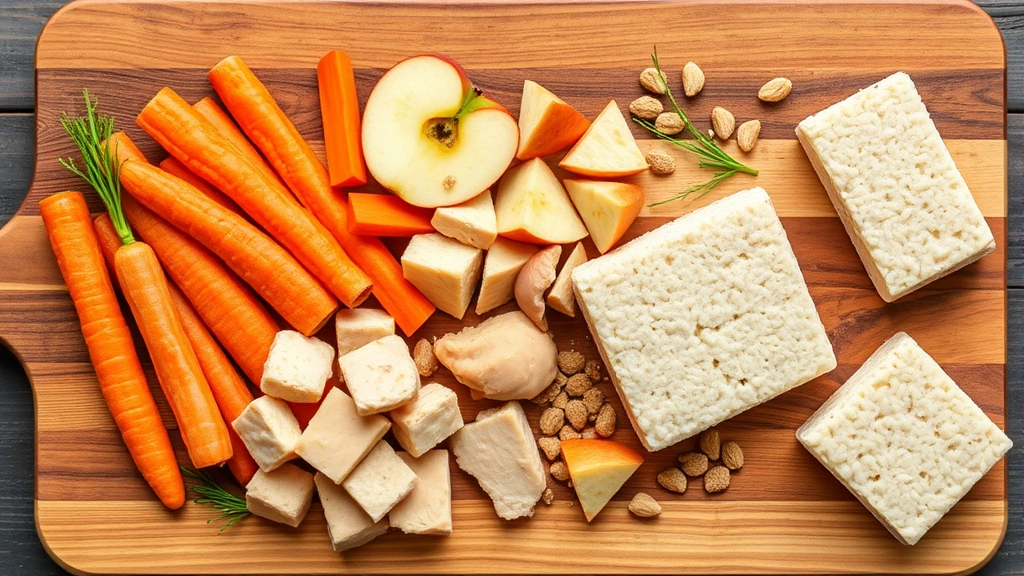 Overhead shot of various dog-safe snacks arranged on wooden board including carrots, apples, chicken pieces, and plain rice cake