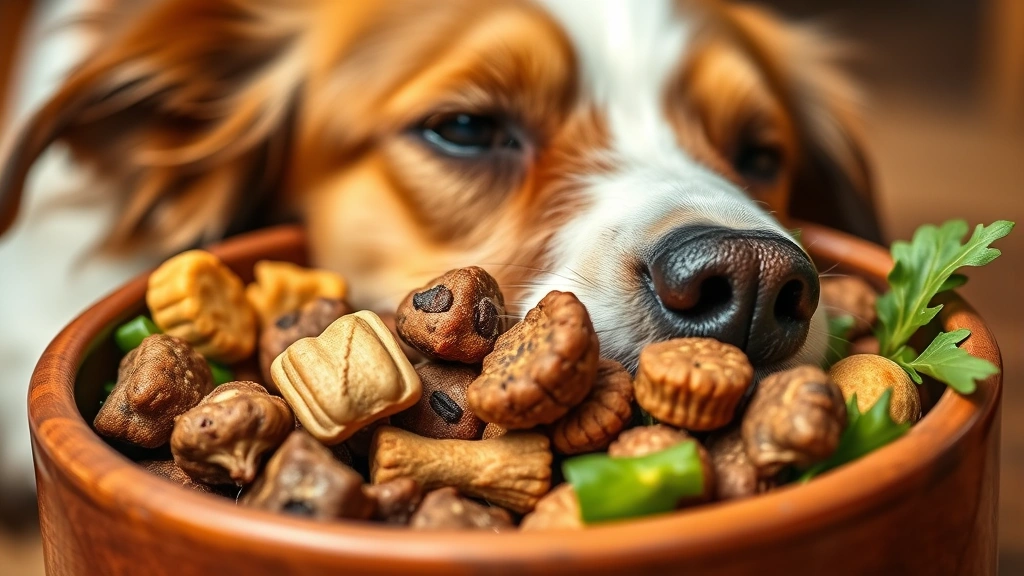 Close-up of dog's bowl containing nutritious dog treats and vegetables, showing healthy snack options, warm natural light