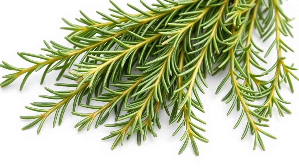 Fresh green rosemary herb sprigs with needle-like leaves on white background, no text no words no letters
