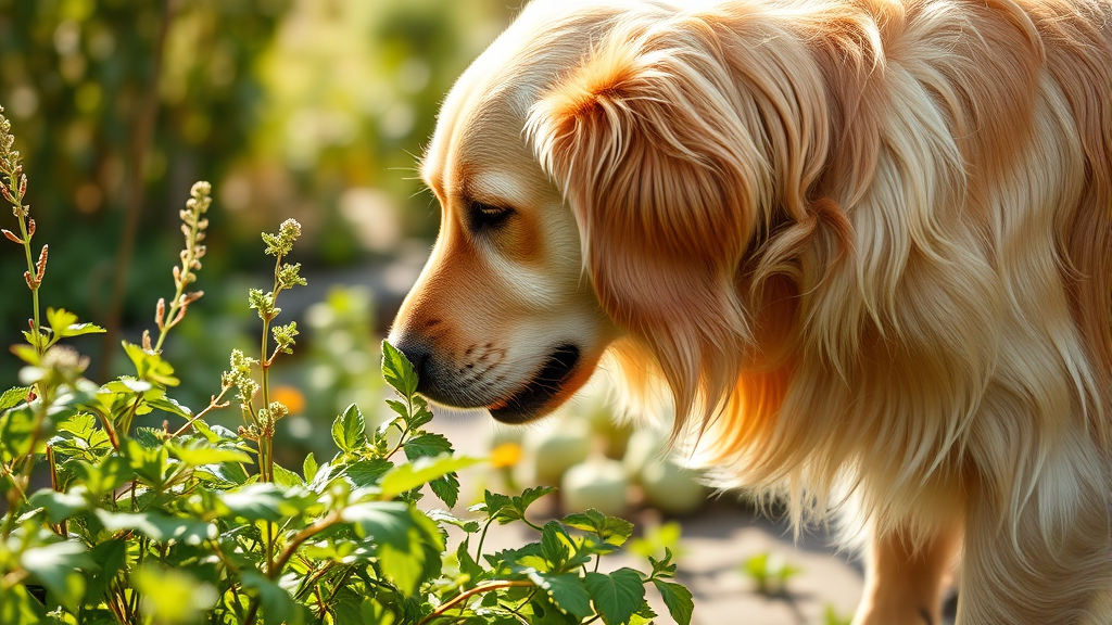 Golden retriever dog sniffing fresh herbs in garden setting, natural lighting, no text no words no letters