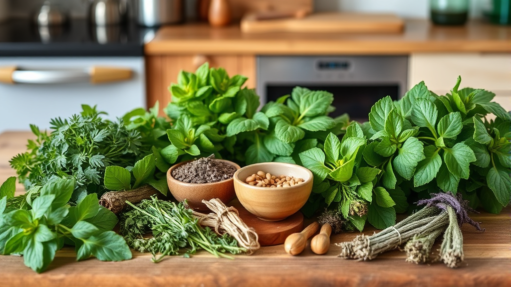 Various dog-safe herbs arranged on wooden surface, fresh green plants, kitchen setting, no text no words no letters