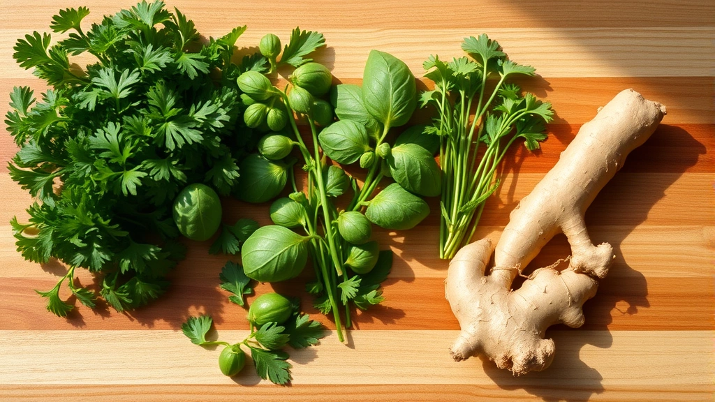 Variety of fresh dog-safe herbs like parsley, basil, and ginger arranged on a wooden cutting board with soft shadows