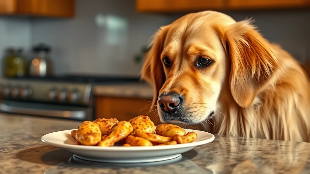 Golden retriever looking at a plate of seasoned chicken on a kitchen counter, curious expression, warm kitchen lighting, photorealistic