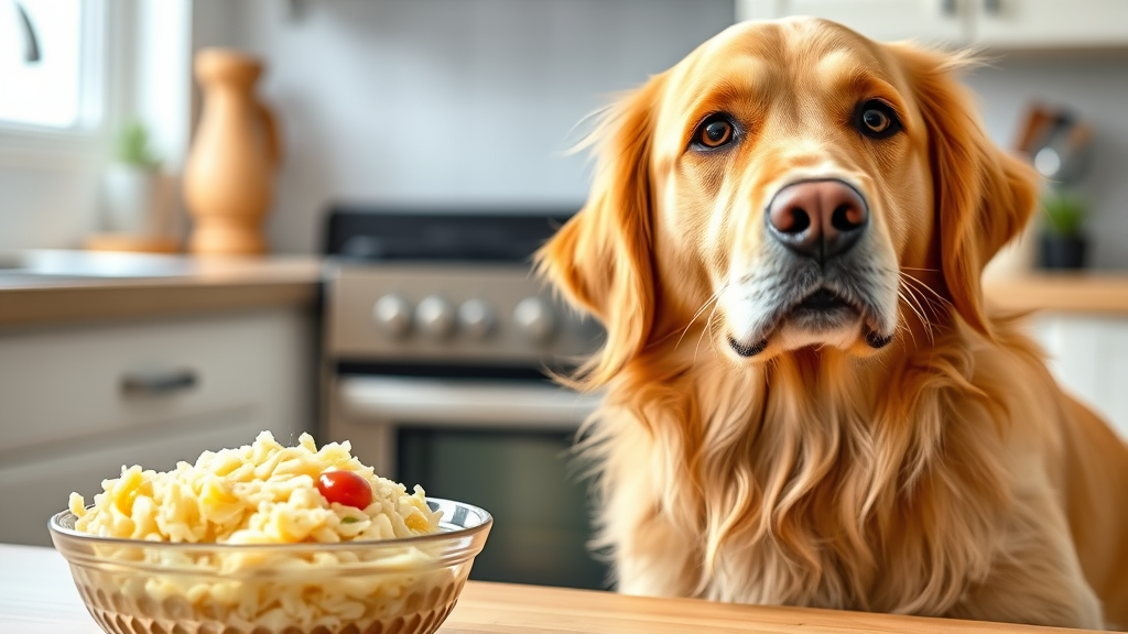 Golden retriever sitting next to bowl of sauerkraut with question mark expression, kitchen background, natural lighting, no text no words no letters