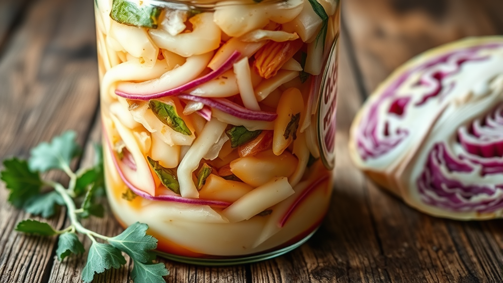 Close up fermented cabbage sauerkraut in glass jar with fresh cabbage leaves, rustic wooden table, natural lighting, no text no words no letters