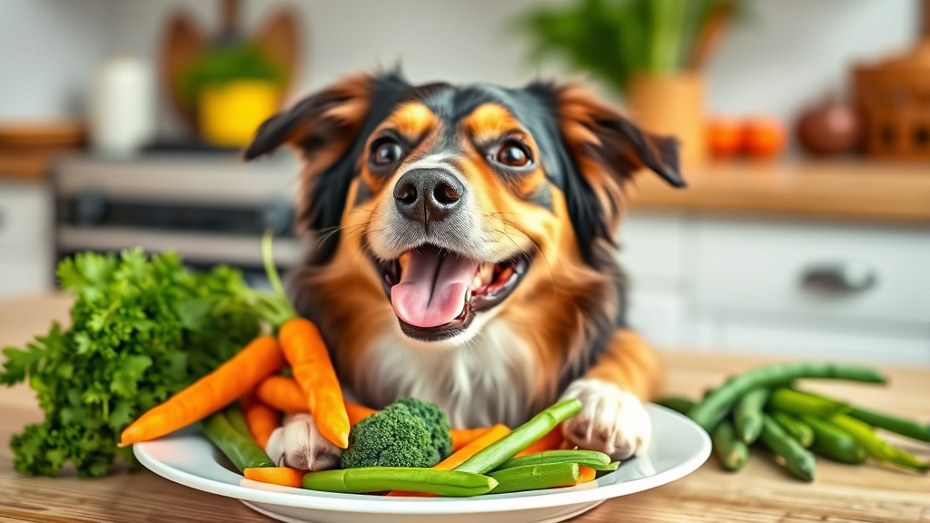Happy healthy dog with various safe vegetables carrots broccoli green beans on plate, bright kitchen setting, no text no words no letters