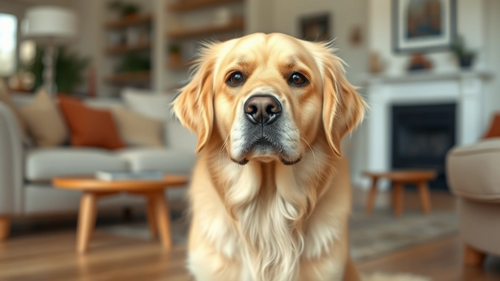 Golden Retriever looking confused and disoriented in a living room, standing still with unfocused gaze, soft natural lighting