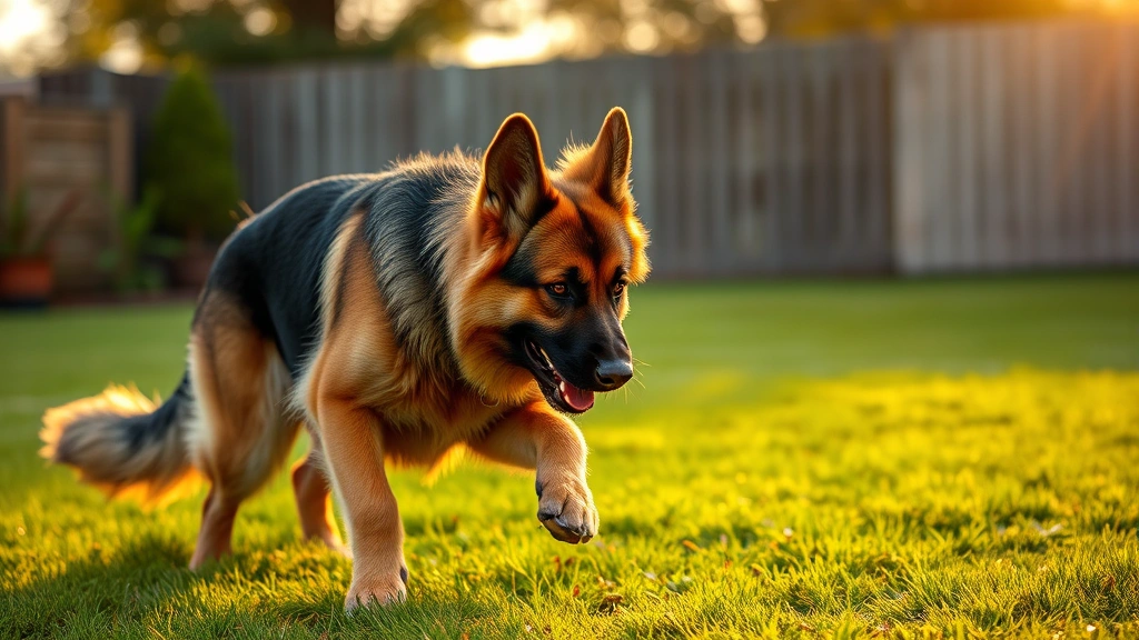 German Shepherd displaying obsessive behavior, spinning in circles on a grassy yard, intense focused expression, golden hour light