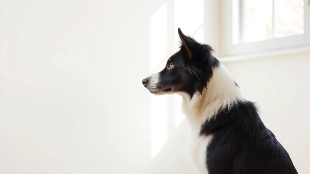 Border Collie staring intently at empty wall corner, alert posture, indoor home setting, side profile view, natural window light