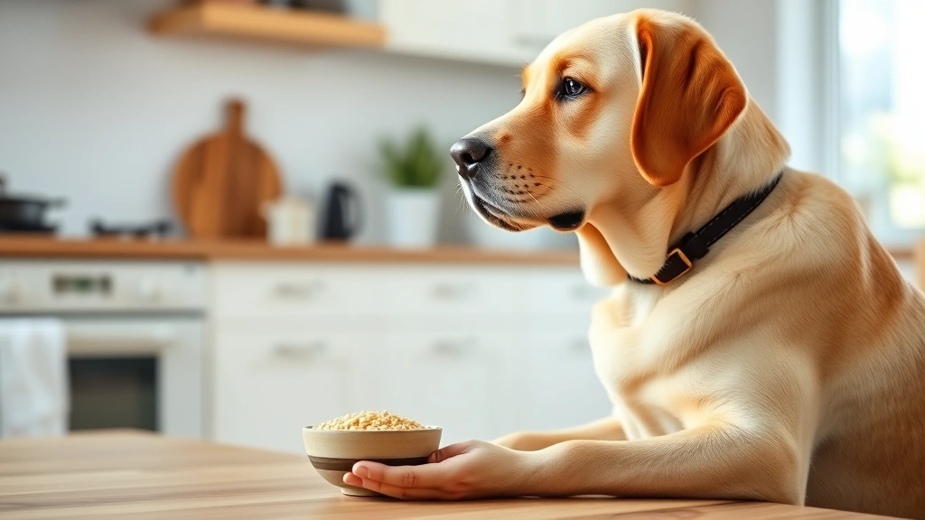 Golden Labrador sitting attentively while owner holds a small bowl of white sesame seeds, bright kitchen background, natural daylight