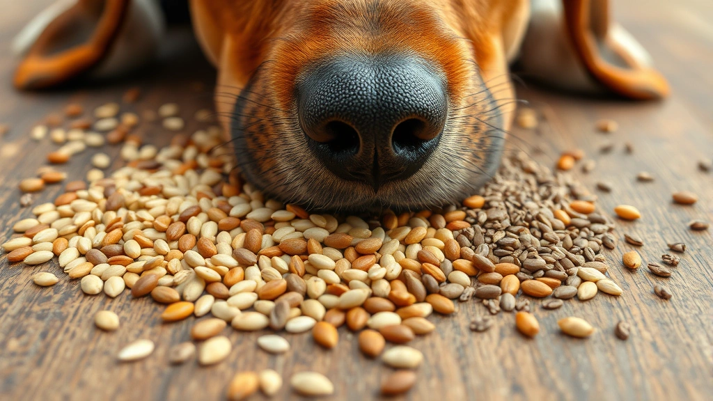 Close-up of various seeds scattered on a wooden surface including sesame, pumpkin, sunflower, and chia seeds with a curious dog nose in frame