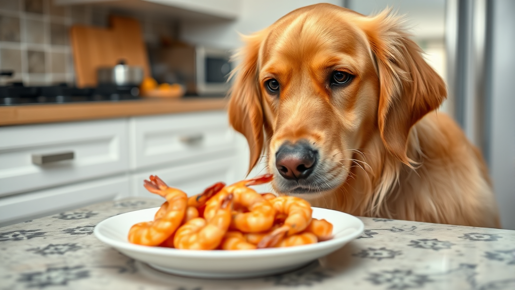 Golden retriever looking curiously at plate of cooked shrimp on kitchen counter, no text no words no letters
