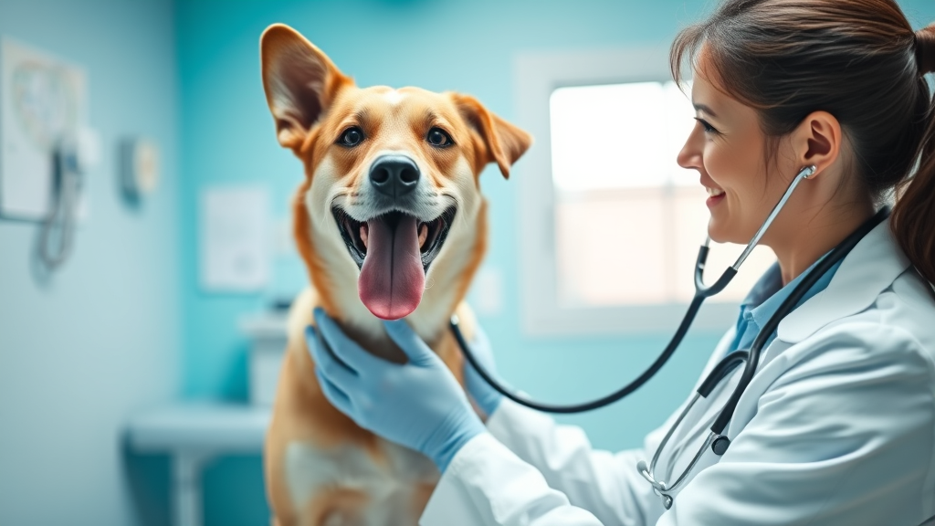 Veterinarian examining happy dog in bright clinic examination room with stethoscope, no text no words no letters