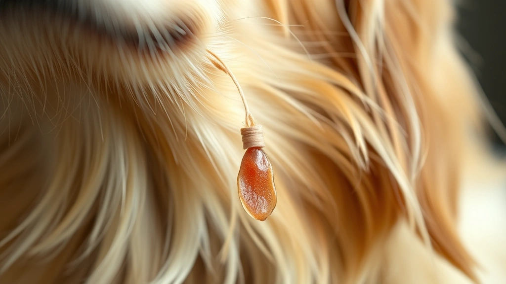 Close-up of a golden retriever's neck showing a small, flesh-colored skin tag hanging from a thin stalk against the dog's fur, photorealistic detail