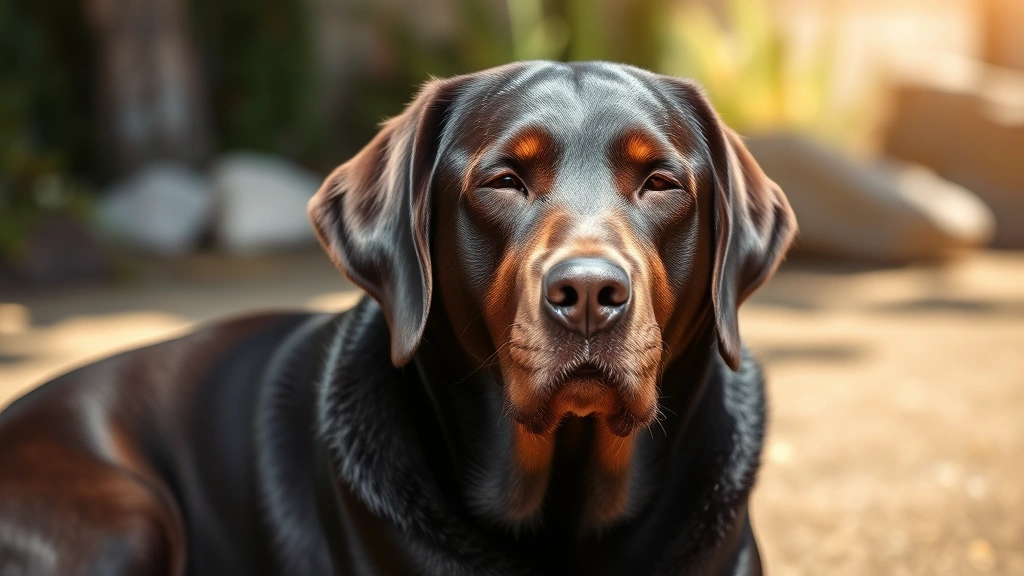 Senior labrador retriever sitting peacefully in natural sunlight, showing various areas of loose skin folds on neck and body, warm outdoor setting