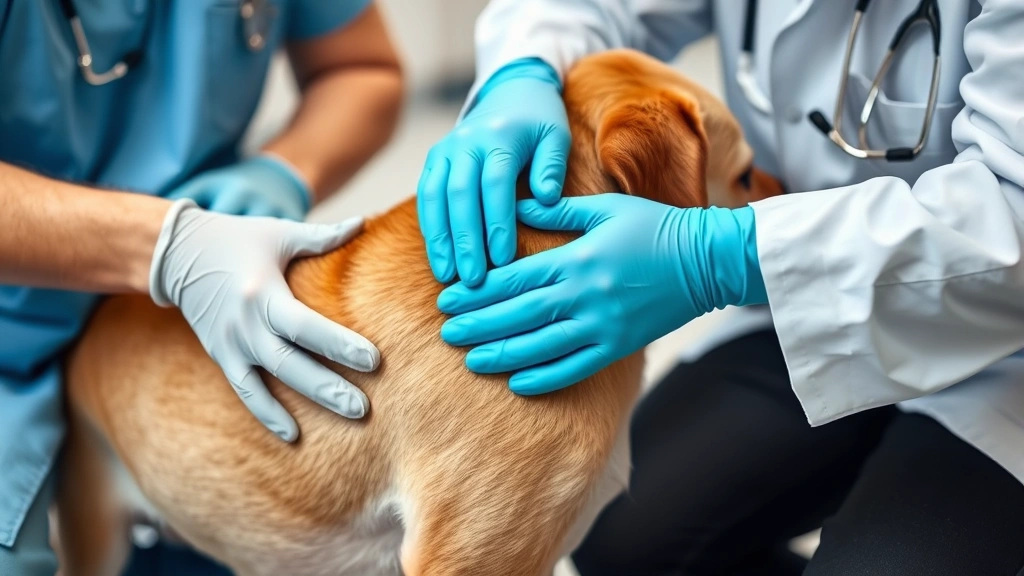 Veterinarian's gloved hands examining a skin growth on a dog's shoulder during a professional consultation, clinical but friendly atmosphere