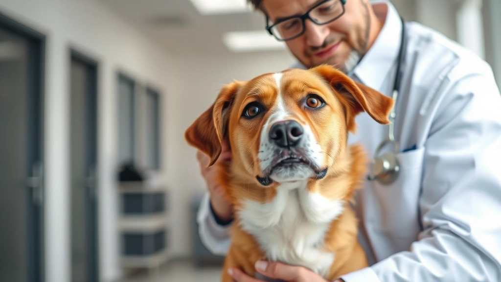 Veterinarian in white coat examining a brown and white mixed breed dog in a modern clinic setting, stethoscope visible, concerned but professional expression