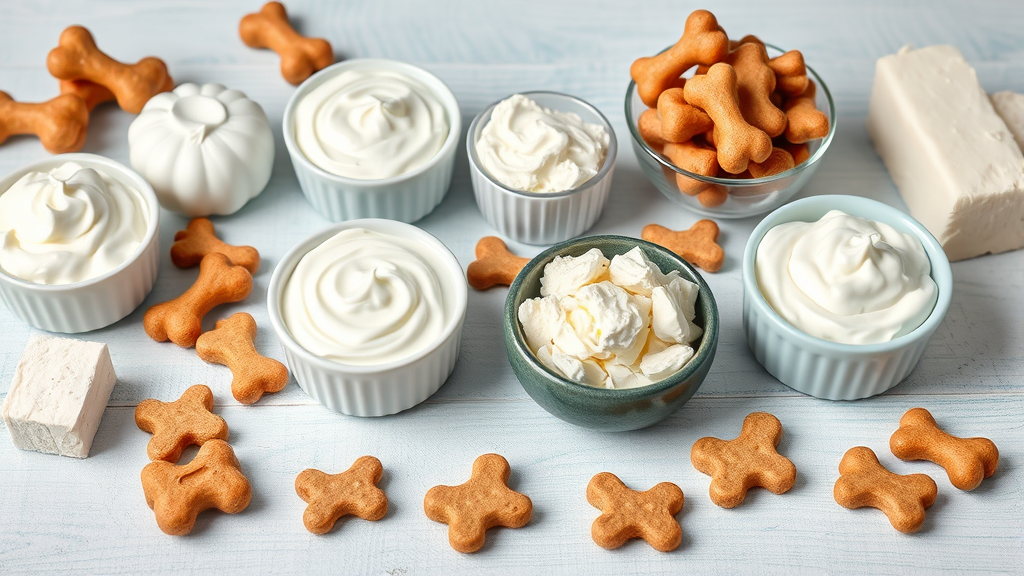 Various dairy products including sour cream yogurt and cottage cheese arranged on table with dog treats, clean composition, no text no words no letters