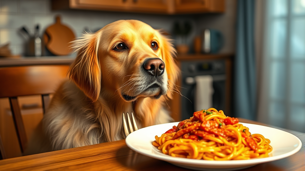 Golden retriever sitting beside plate of spaghetti on kitchen table, warm lighting, no text no words no letters