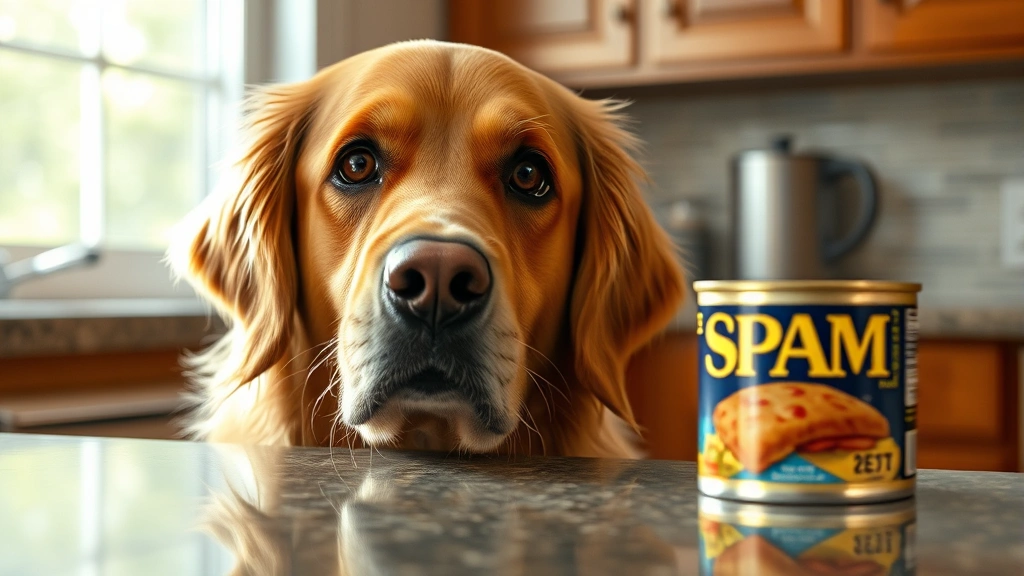 Golden Retriever looking at a can of Spam on a kitchen counter with concerned expression, natural lighting, close-up shot