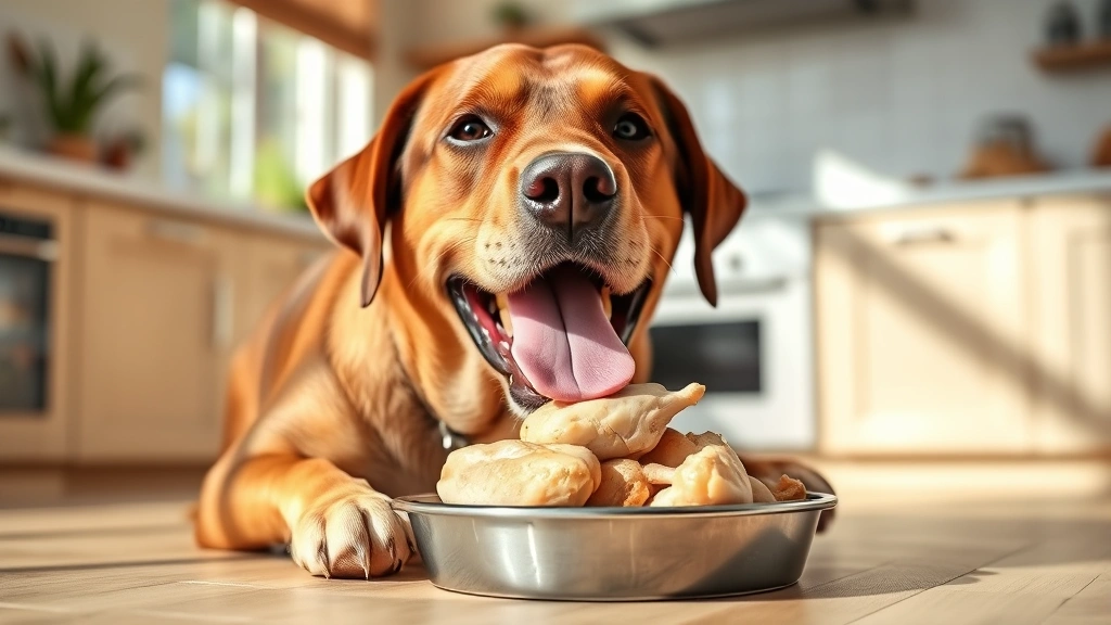 Happy Labrador enjoying plain cooked chicken breast on a dog bowl, sunny kitchen background, appetizing presentation