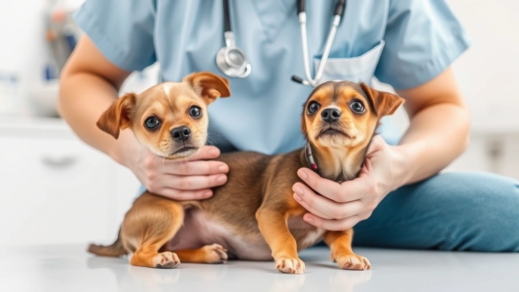 Veterinarian examining a small dog's stomach during check-up, professional clinic setting, compassionate care scene