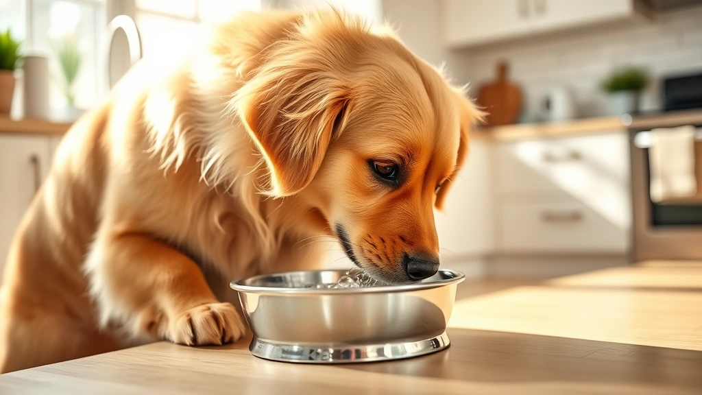 Golden retriever happily drinking fresh water from a stainless steel bowl in a bright kitchen, natural sunlight streaming through window
