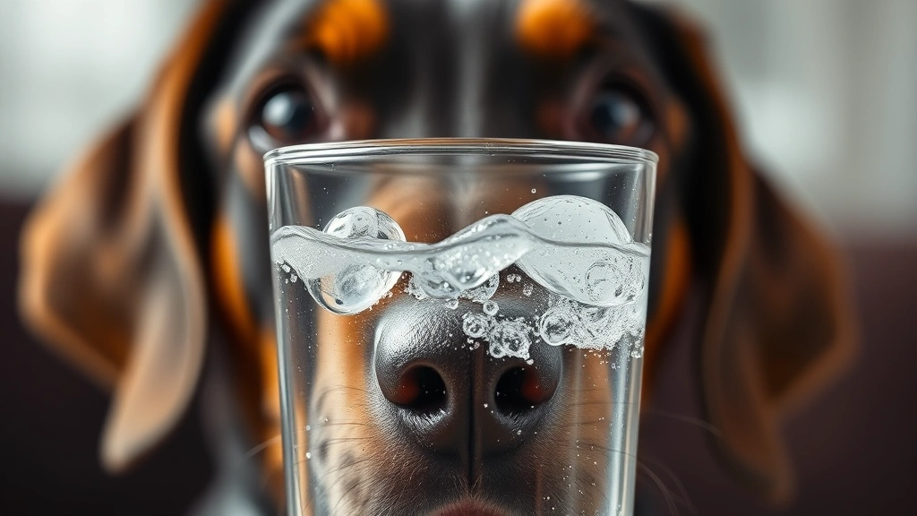 Close-up of dog's face showing curious expression while looking at fizzy bubbles in a clear glass, carbonation bubbles visible