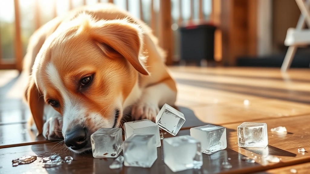 Healthy dog playing with ice cubes on a wooden deck during sunny afternoon, water droplets glistening
