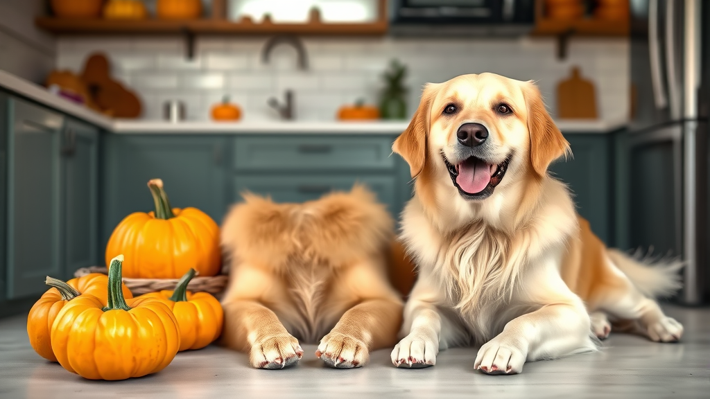 Happy golden retriever dog sitting next to fresh butternut squash and pumpkins in kitchen setting, no text no words no letters