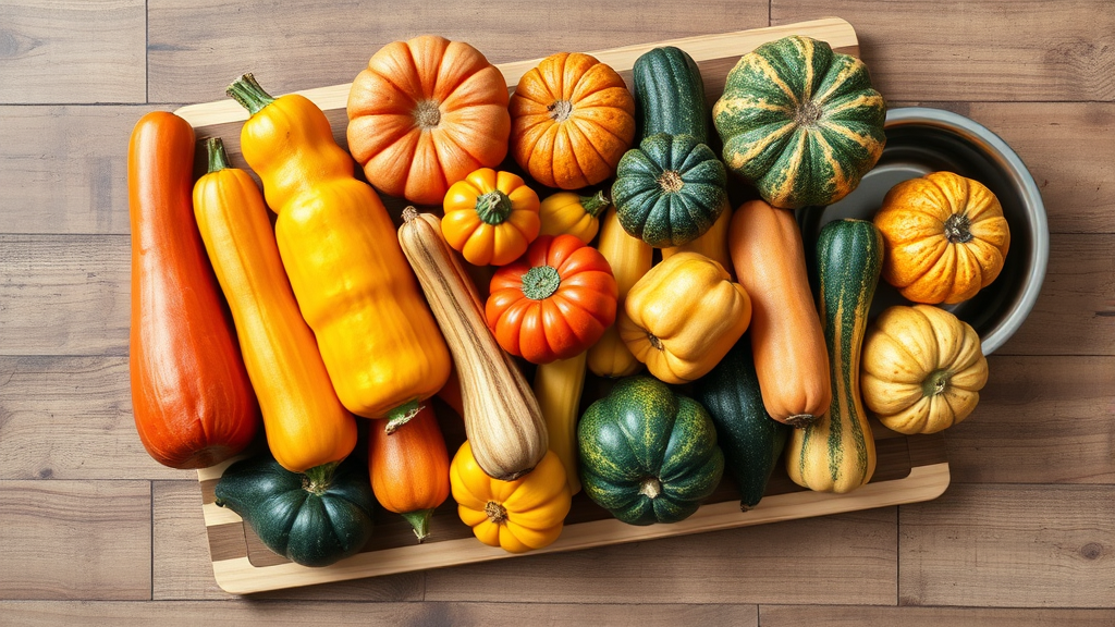 Various colorful squash varieties arranged on wooden cutting board with dog bowl nearby, no text no words no letters