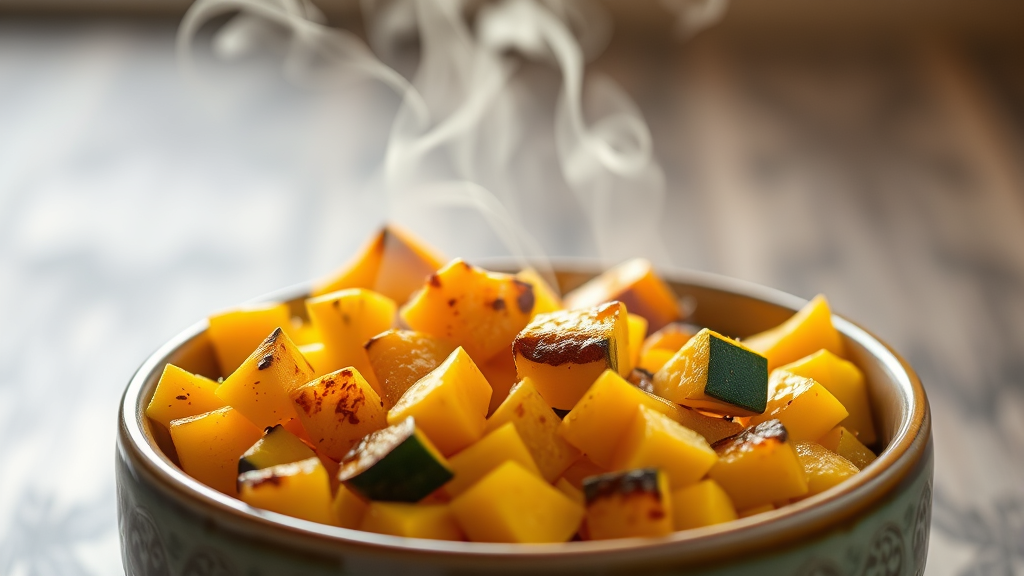 Cooked diced squash pieces in ceramic dog bowl with steam rising, healthy pet food preparation, no text no words no letters