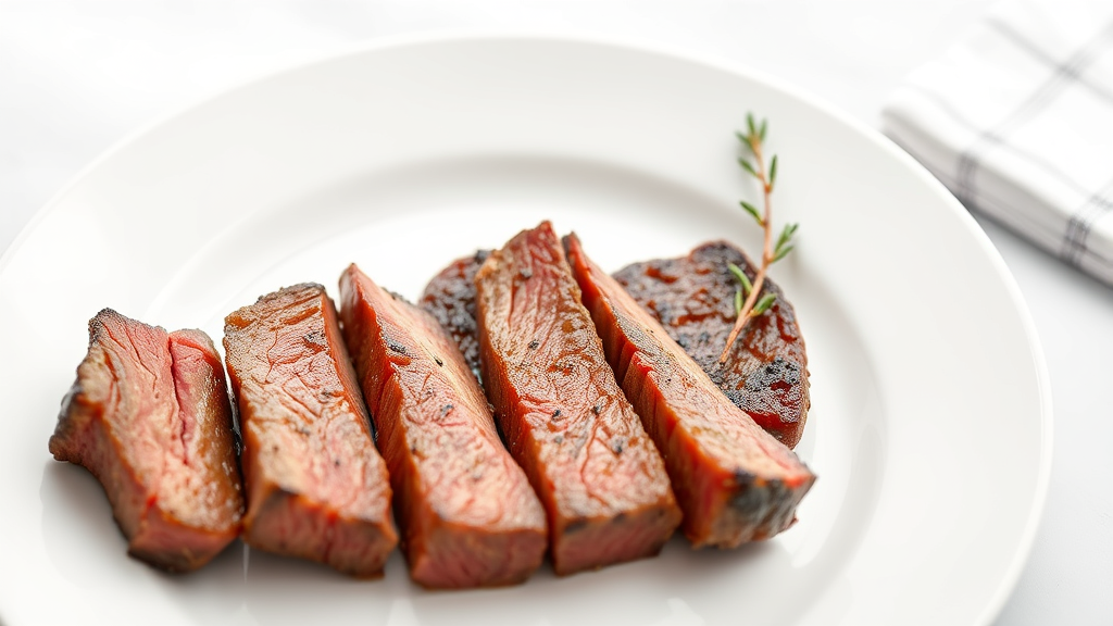 Plain cooked steak pieces cut into dog-sized portions on white plate, no text no words no letters
