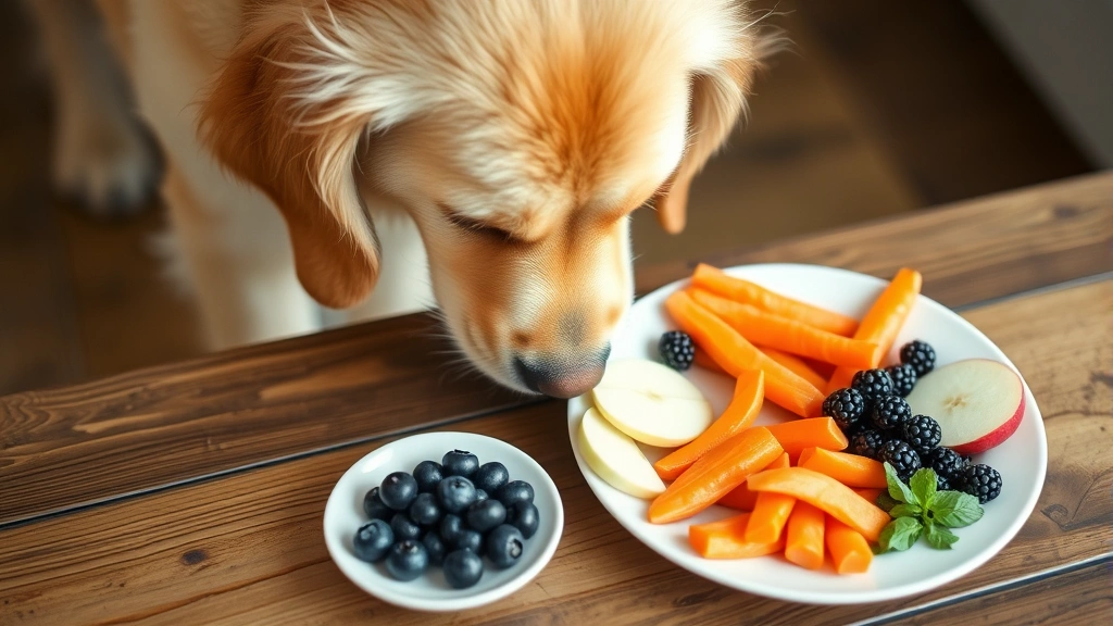 Golden retriever sniffing a plate of fresh vegetables and fruits like blueberries, carrots, and apple slices on a wooden table
