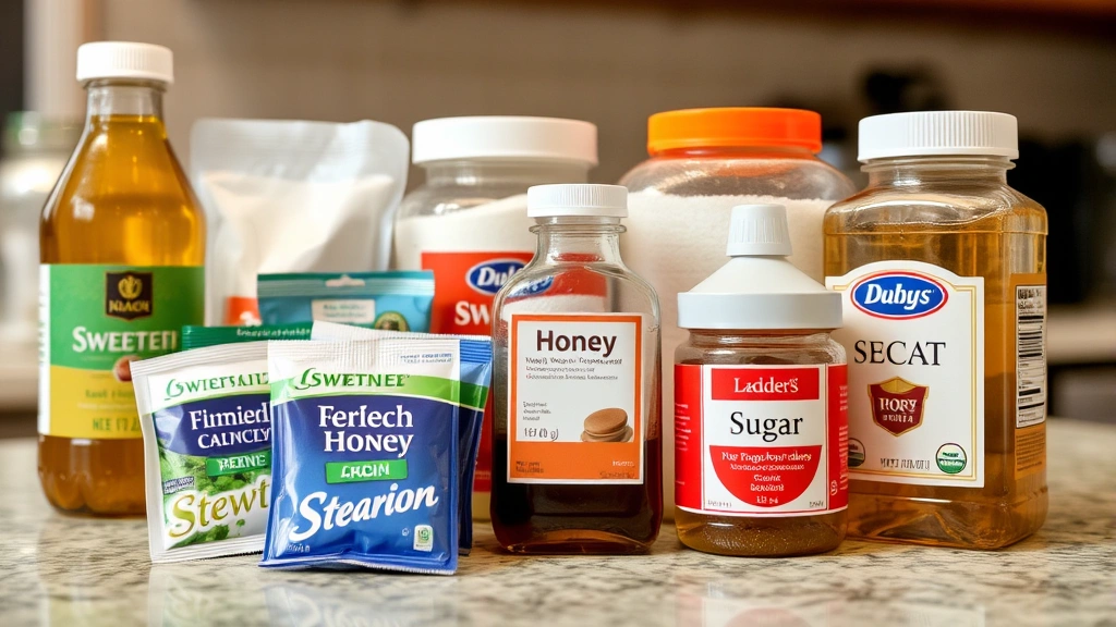 Close-up of various sweetener packets and bottles arranged on a kitchen counter, including stevia, honey, and sugar containers
