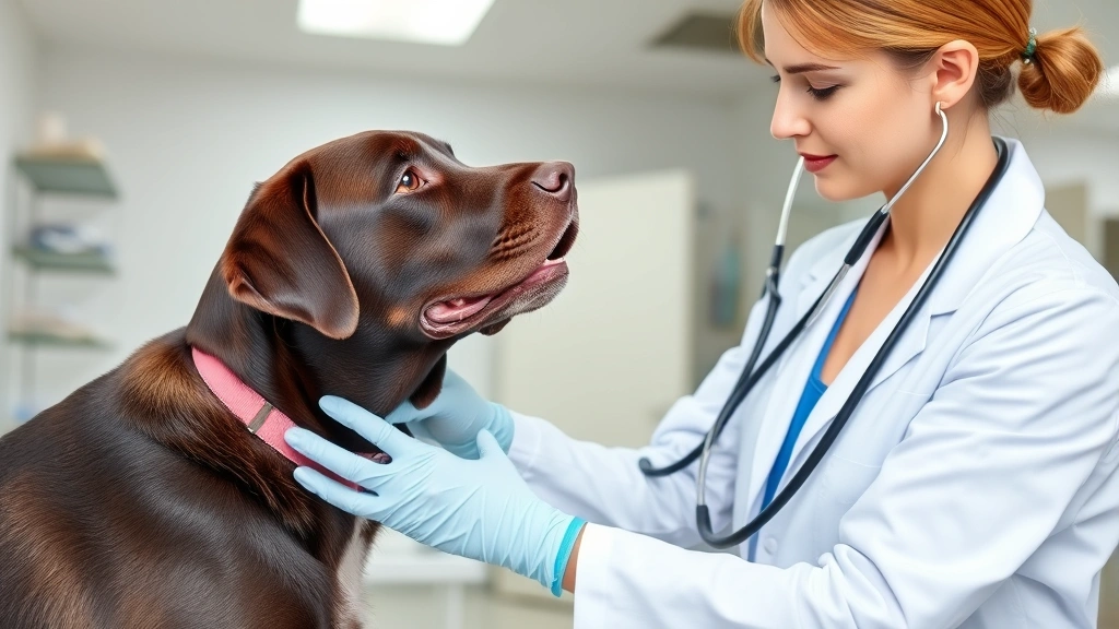 Veterinarian examining a chocolate Labrador during a wellness check in a bright, modern veterinary clinic with stethoscope