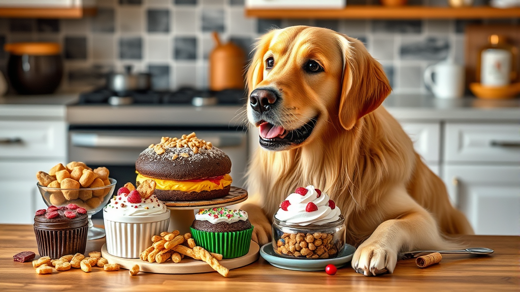 Golden retriever sitting next to colorful human desserts and dog treats on kitchen counter, no text no words no letters