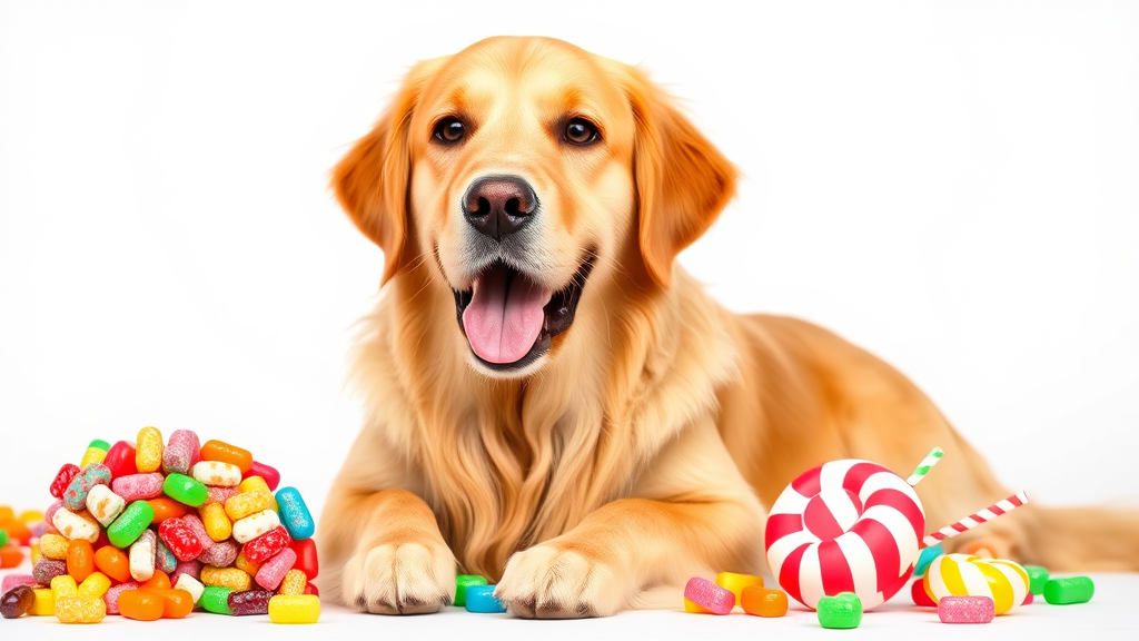 Golden retriever sitting next to colorful candy and sweet treats on white background no text no words no letters