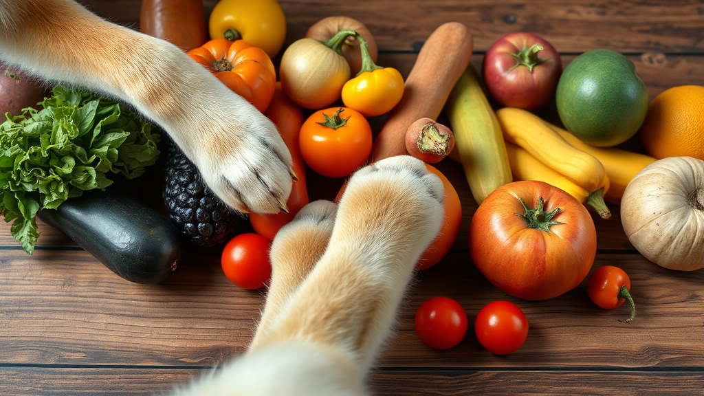 Close up of dog paws reaching toward various fruits and vegetables arranged on wooden surface, no text no words no letters