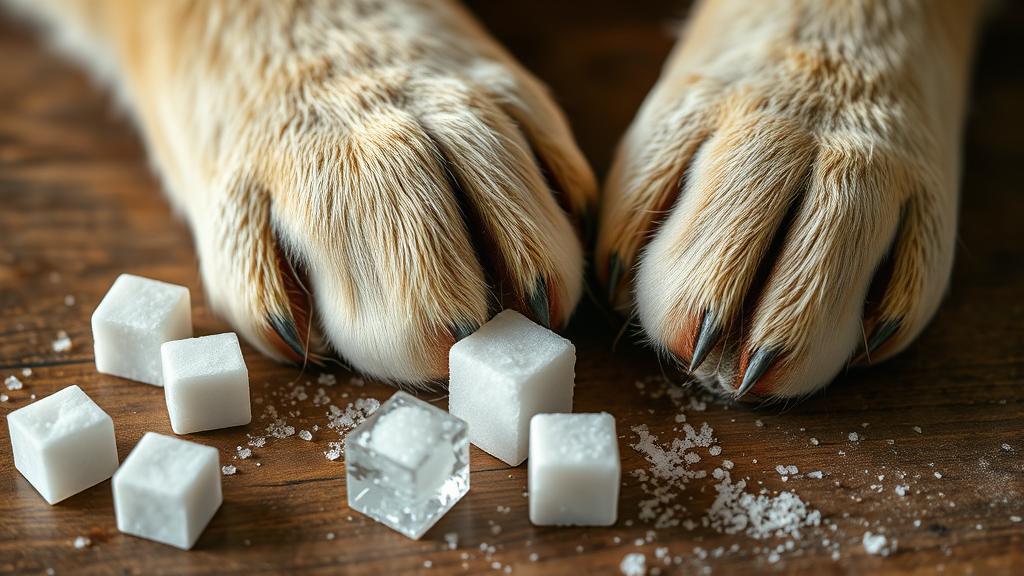 Close up of dog paws next to sugar cubes and artificial sweeteners on wooden table no text no words no letters