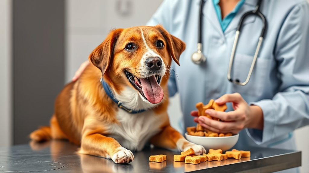 Veterinarian examining happy dog while healthy dog treats sit on examination table, no text no words no letters