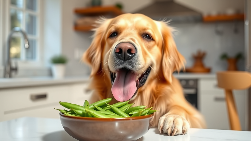 Happy golden retriever eating fresh sugar snap peas from bowl in bright kitchen, no text no words no letters